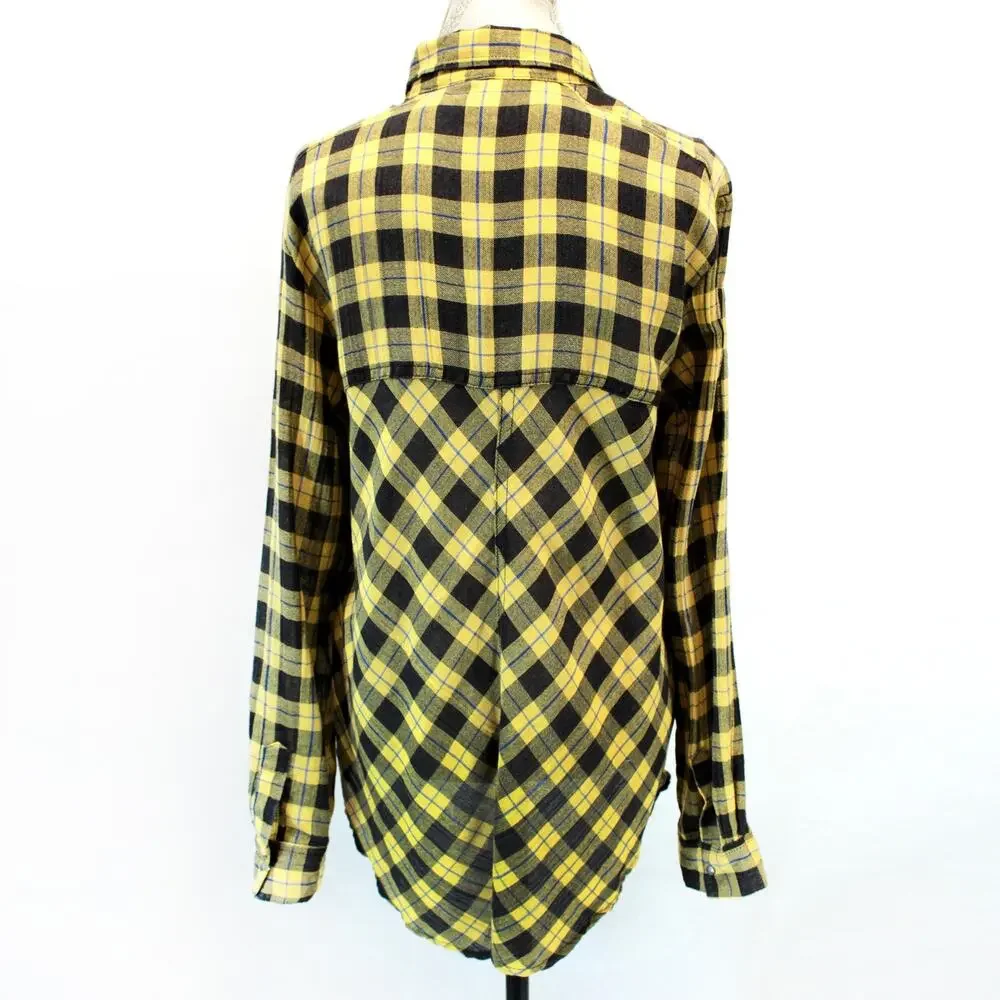 Free People Grunge Yellow Black Plaid Cutout Tunic Shirt Medium Modern